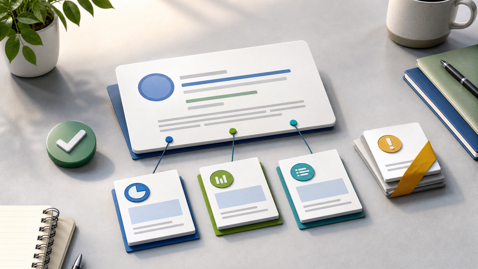 Abstract AI office-search answer card connected to source evidence cards, with one stale source marked for review.