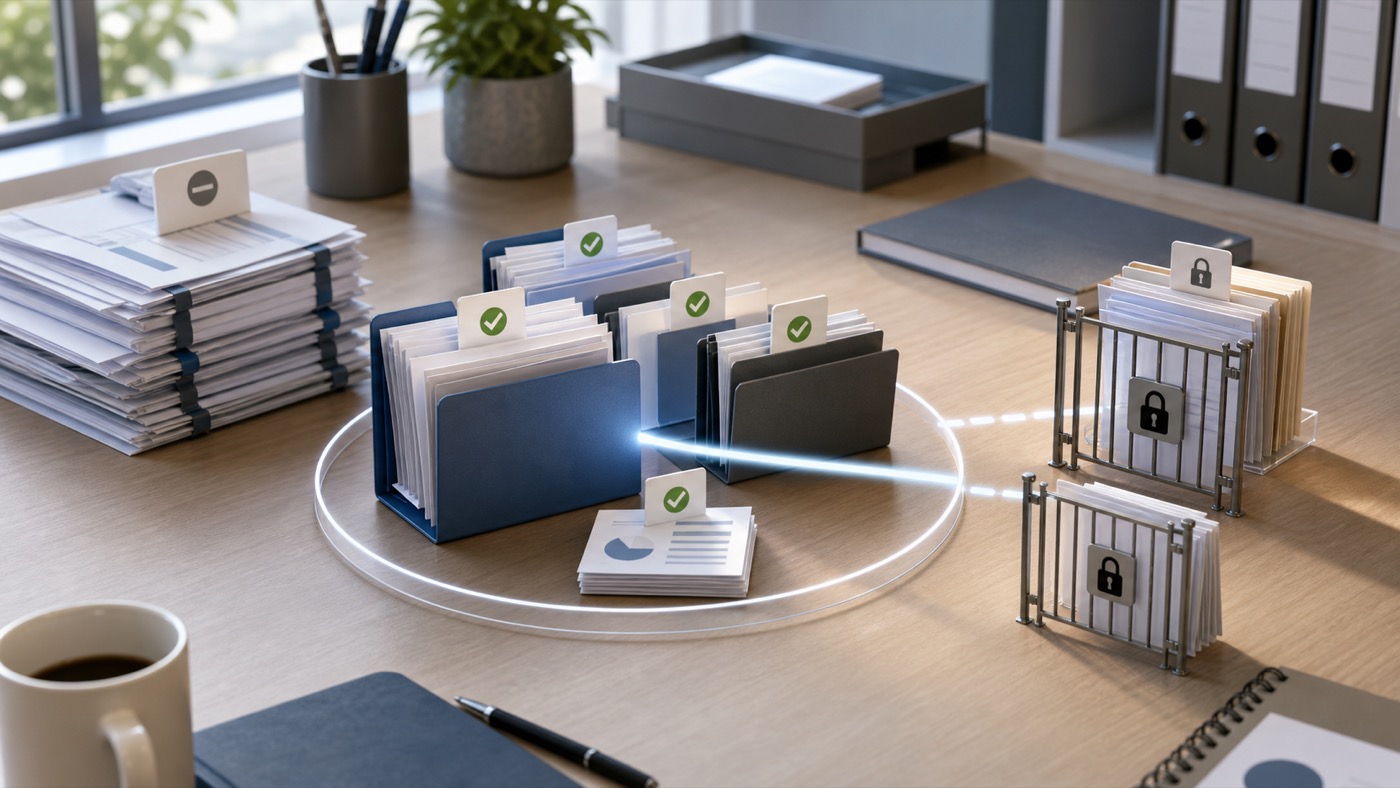 Selected office folders with permission gates and citation markers for an AI office search pilot.