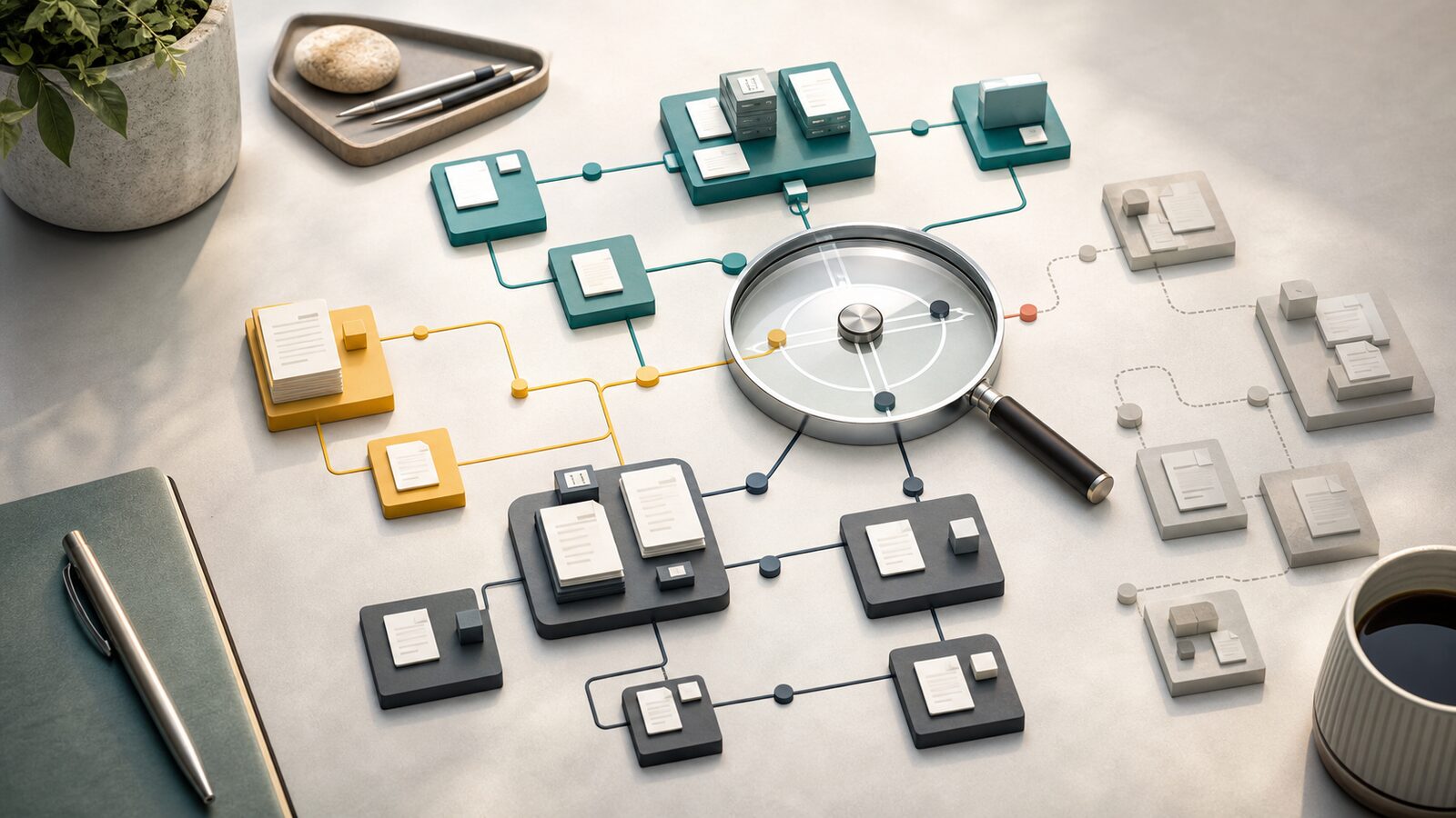 Abstract office source map with approved document blocks connected to a central search lens.