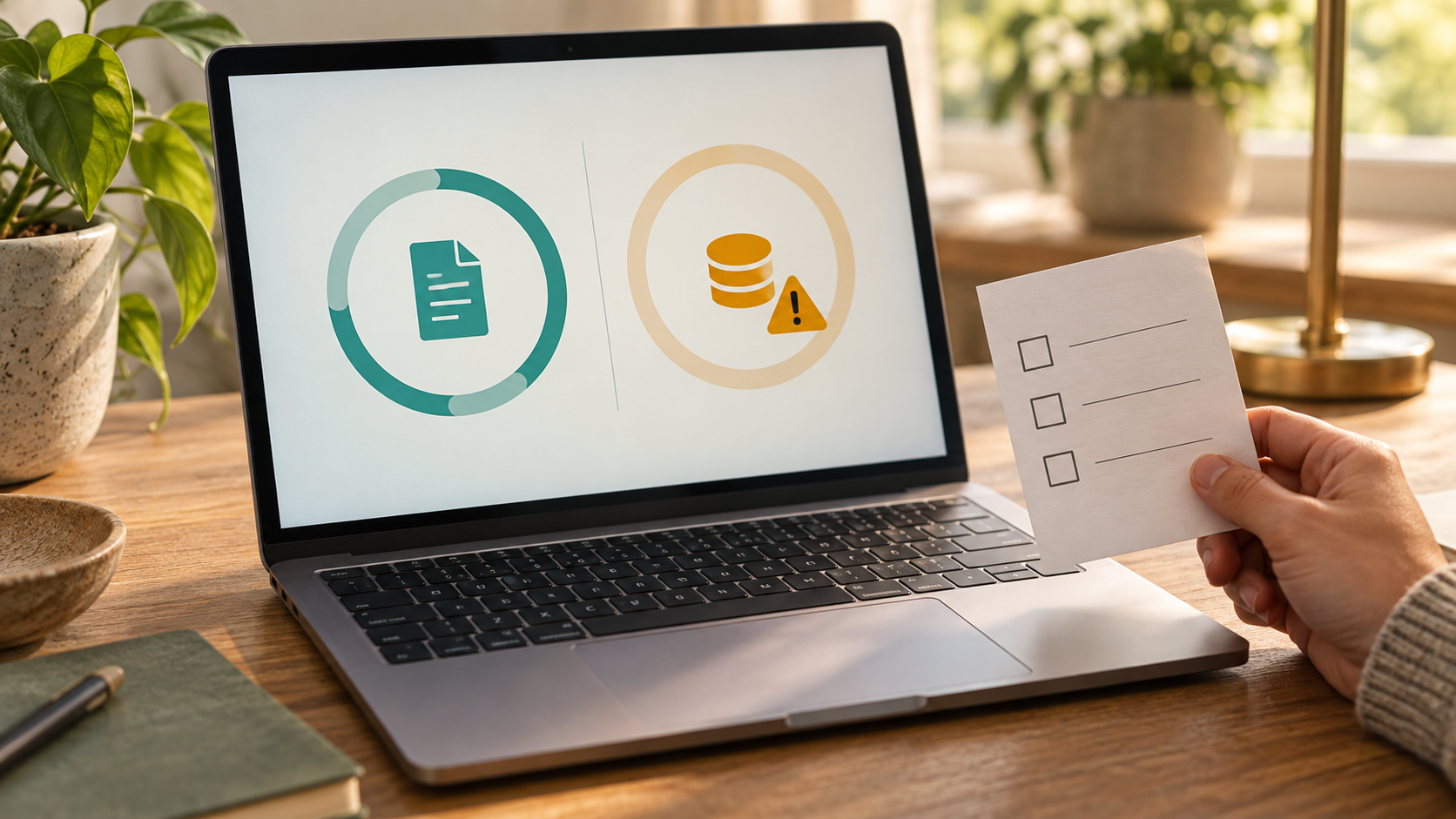 Illustration of a blocked work task: a laptop shows separate abstract usage and credit gauges beside a blank incident checklist.