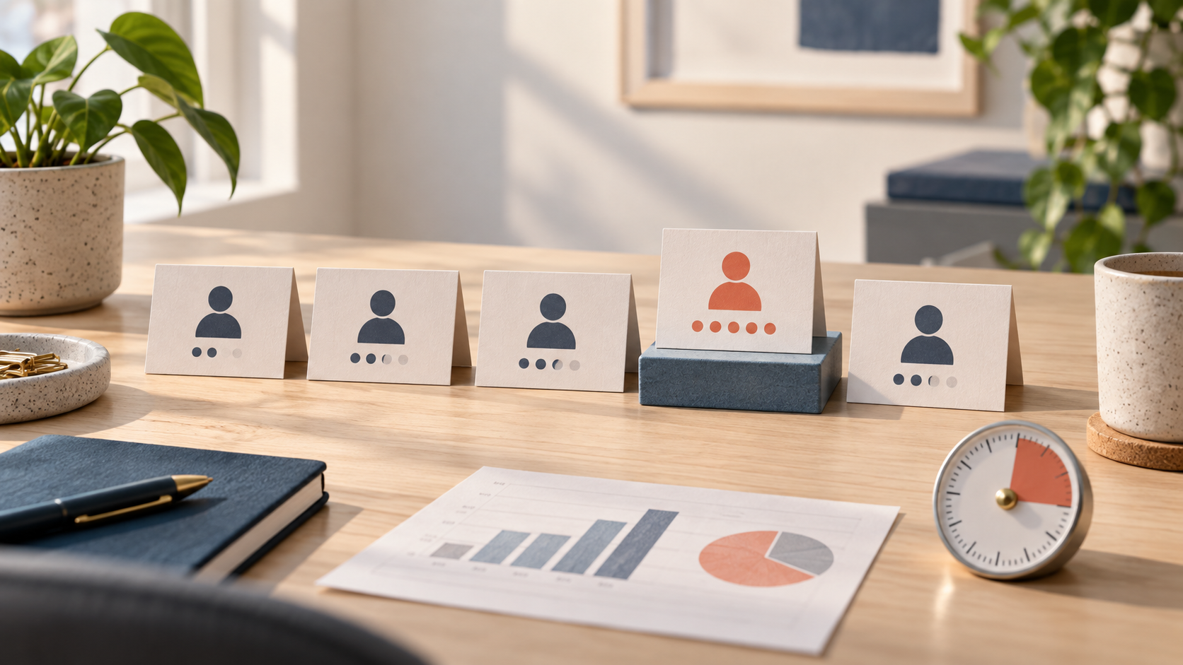 Five neutral desk cards represent a small team, with one elevated card beside a capacity dial and budget worksheet.