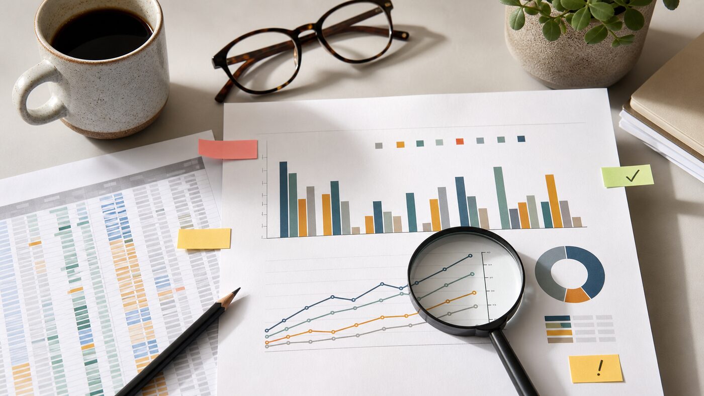 A printed report page with abstract charts, source data and review flags before sharing an AI-made chart.