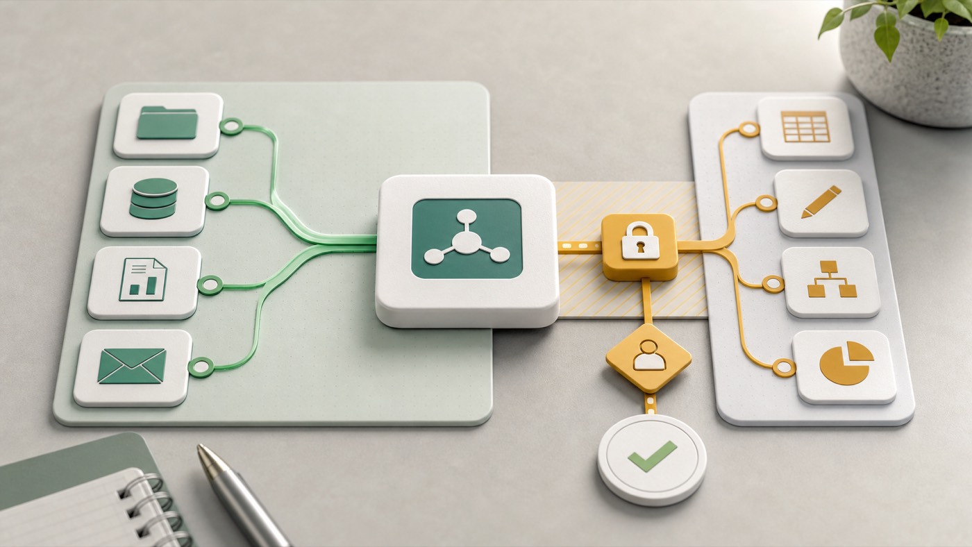 Abstract internal-tool workflow with a green read-only path and an approval gate before write actions.