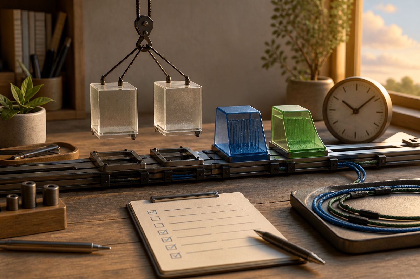 Two old glass workflow modules are lifted from a rail while blue and green replacements wait beside a deadline clock and checklist.
