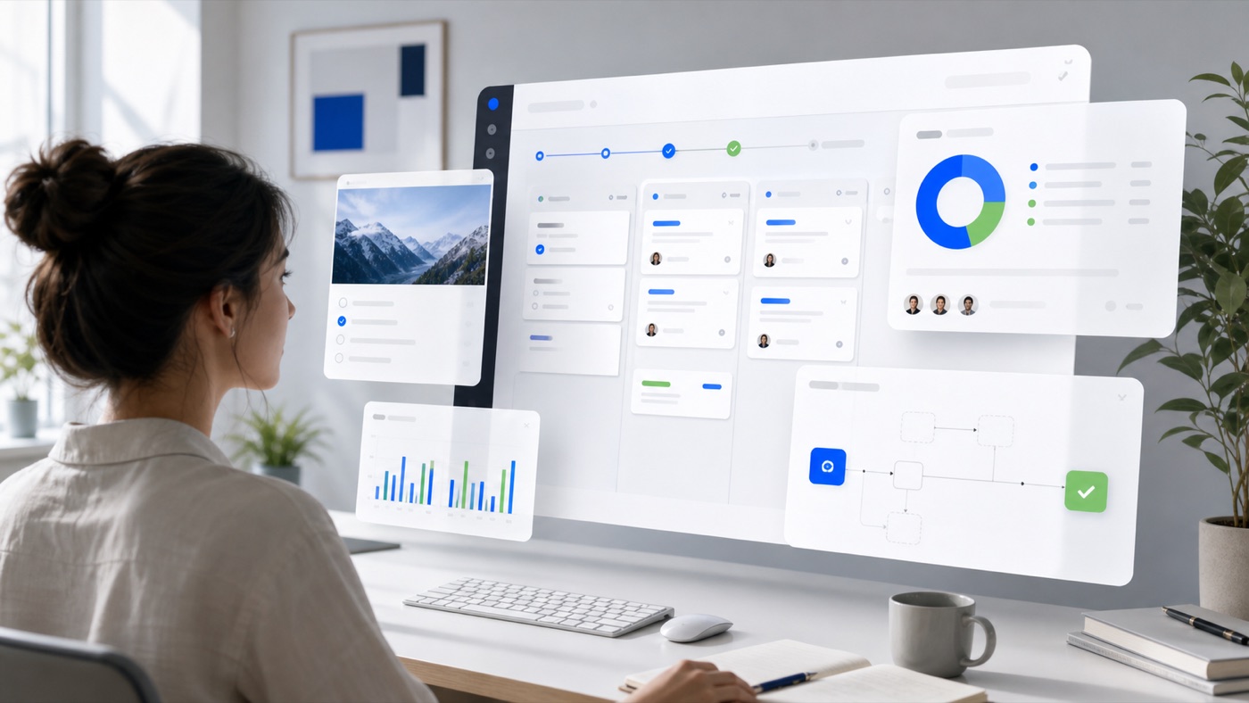 A clean workspace with layered software panels, workflow cards and charts.